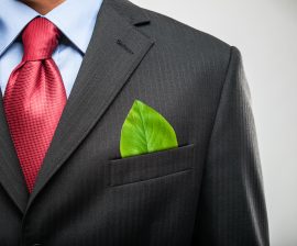 Ecology concept, businessman keeping a green leaf in his pocket